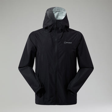 Men's black waterproof jacket with hood and center zip, front view