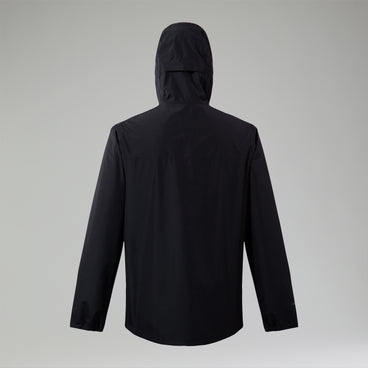 Men's black waterproof jacket with adjustable hood, back view