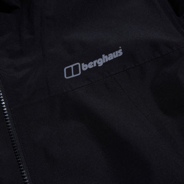 Men's black waterproof jacket, chest logo detail and front zipper