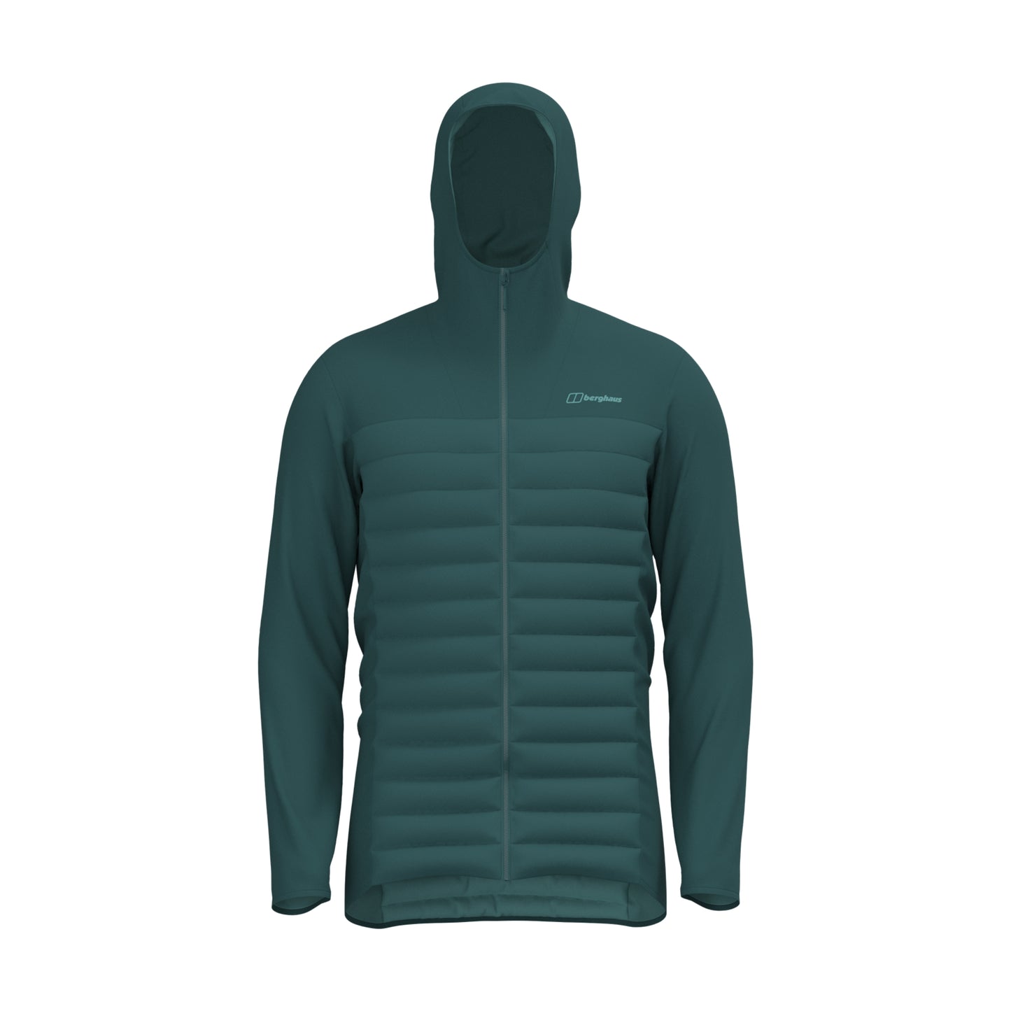 A dark teal hooded jacket with horizontal quilting on the front, a full-length zipper, and a small white 'Cordwms' logo on the left chest, shown against a plain white background.