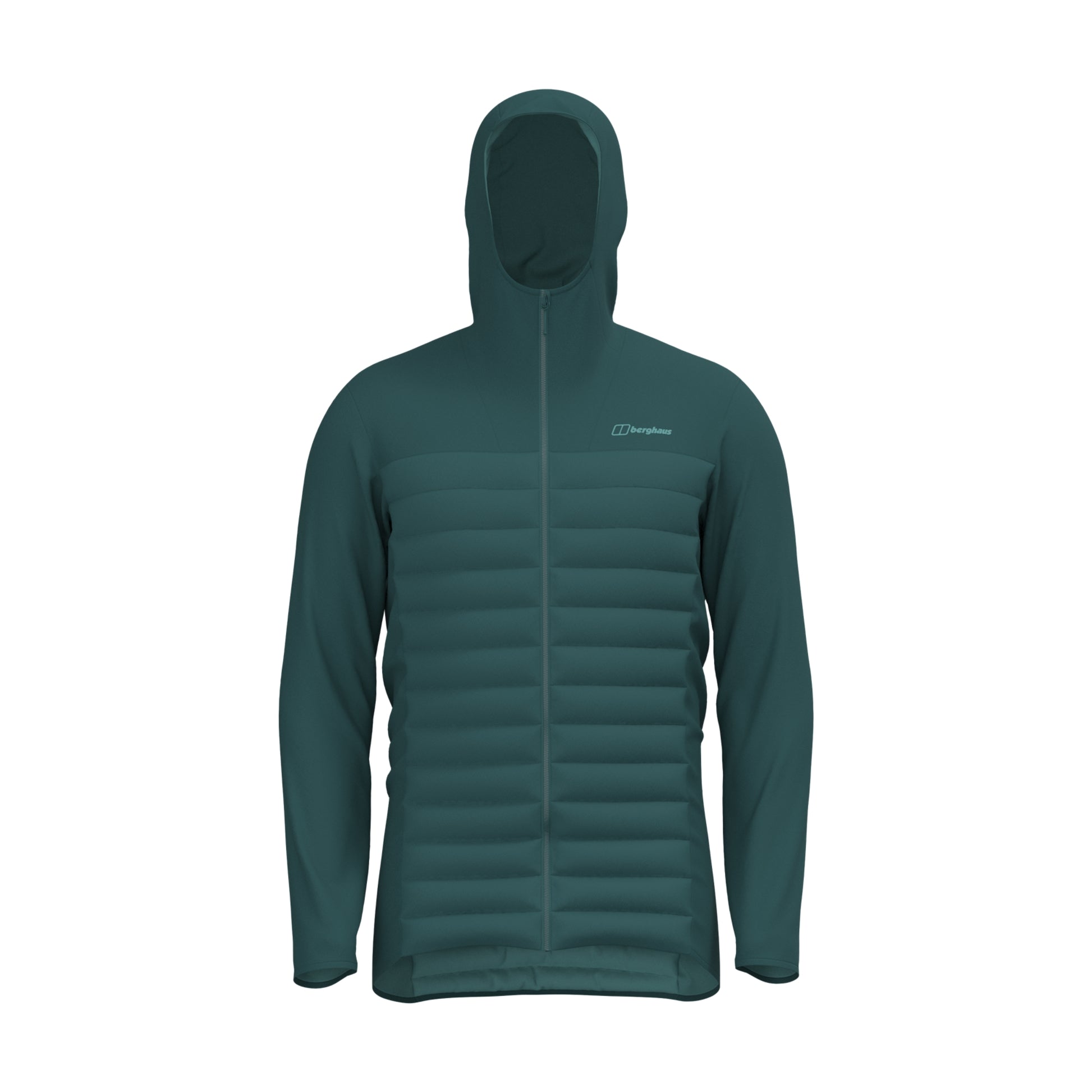 A dark teal hooded jacket with horizontal quilting on the front, a full-length zipper, and a small white 'Cordwms' logo on the left chest, shown against a plain white background.