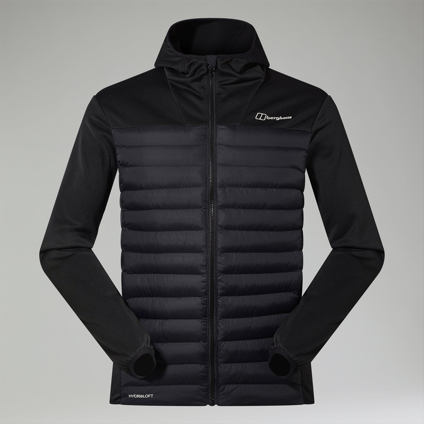 A black hooded zip-up jacket with horizontal quilting on the body and smooth sleeves, featuring a small white embroidered 'Darn Tough' logo on the left chest, displayed on a neutral gray background.