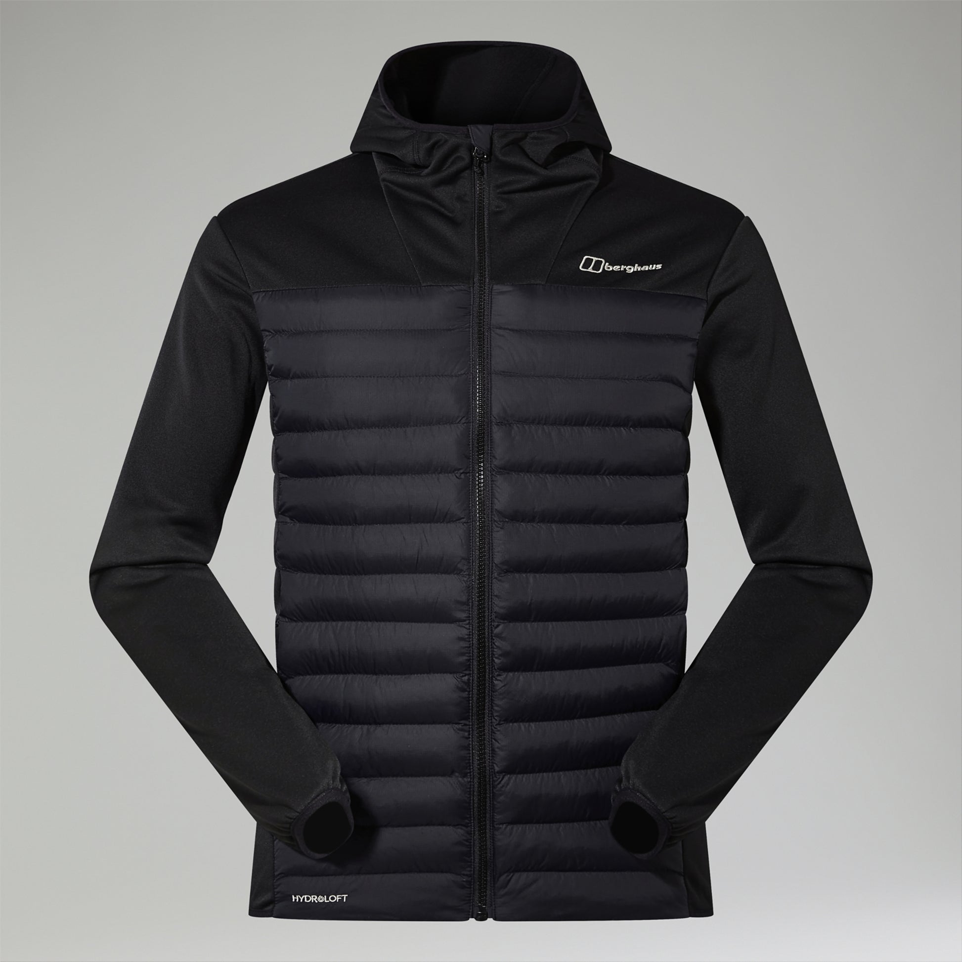 A black hooded zip-up jacket with horizontal quilting on the body and smooth sleeves, featuring a small white embroidered 'Darn Tough' logo on the left chest, displayed on a neutral gray background.