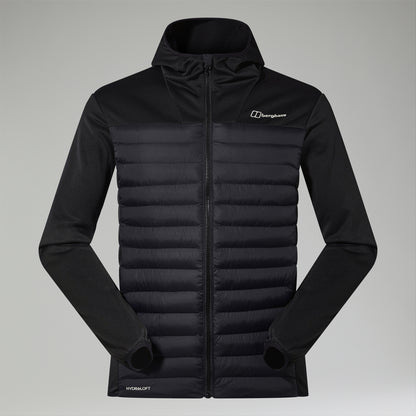A black hooded zip-up jacket with horizontal quilting on the body and smooth sleeves, featuring a small white embroidered 'Darn Tough' logo on the left chest, displayed on a neutral gray background.
