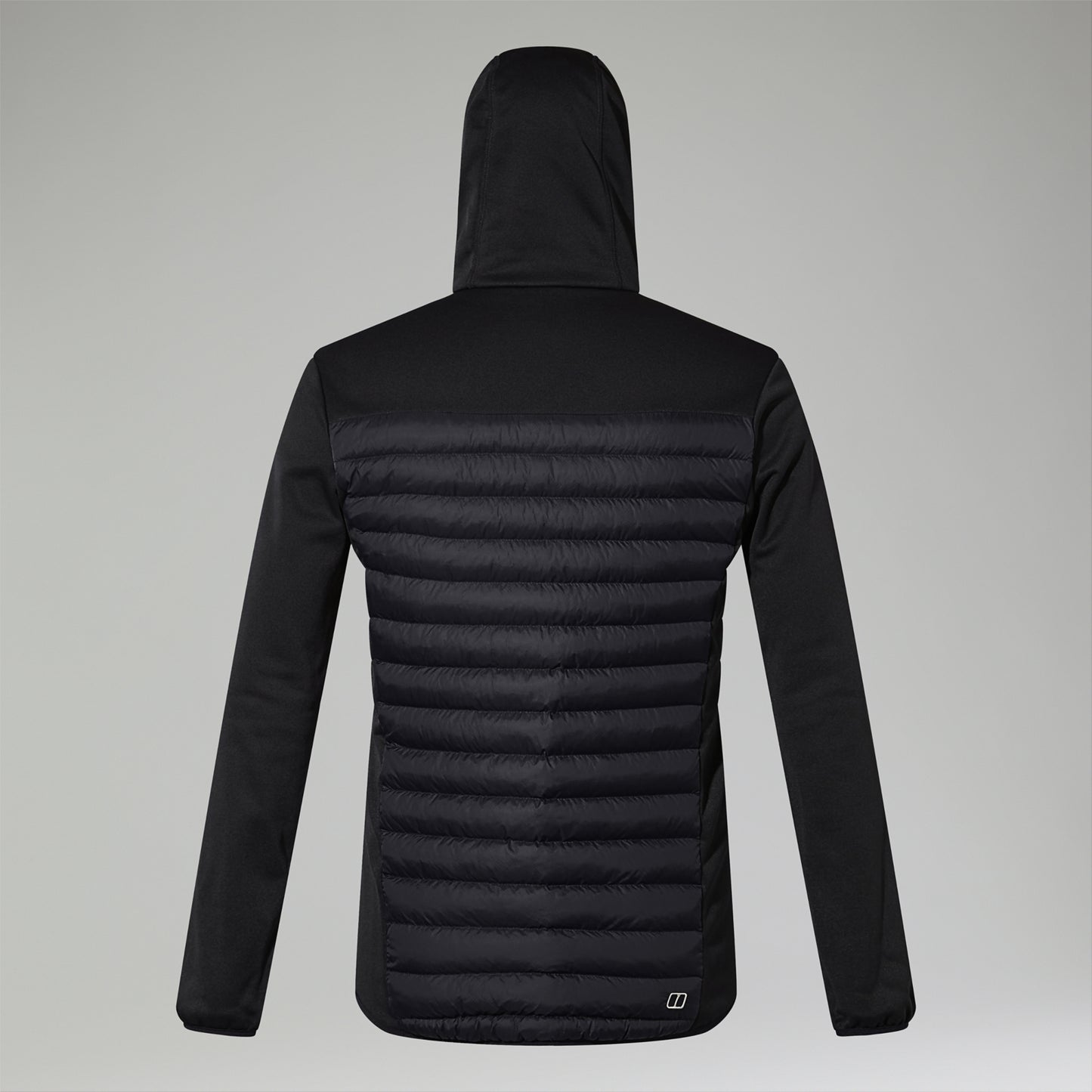 A black hooded jacket shown from the back, featuring a horizontally quilted puffer back panel and solid sleeves, photographed against a neutral gray background.