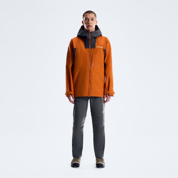 Orange and black hooded rain jacket with full front zipper and two hand pockets