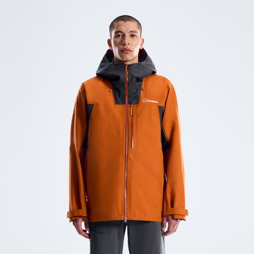 Orange hooded GTX rain jacket with black hood, front zipper, and small chest logo