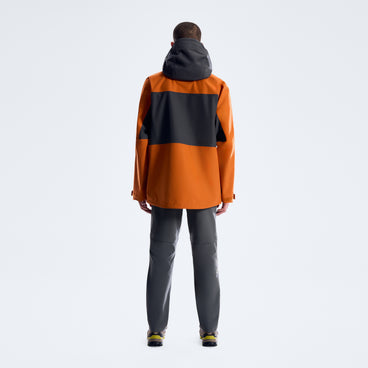Orange and black hooded rain jacket, color-blocked back view with full front zipper