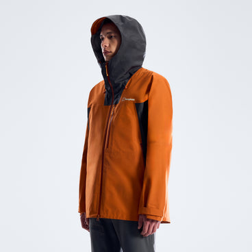 Orange hooded rain jacket with black upper hood, front zipper, and side pocket zippers