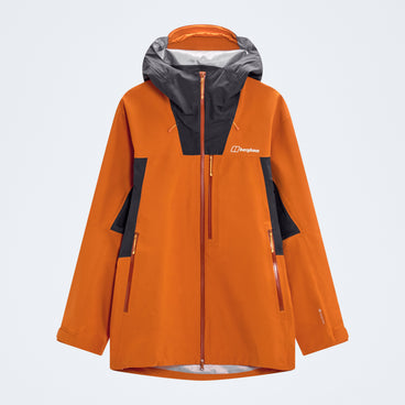 Orange hooded GTX rain jacket with black hood panels and two front pocket zippers