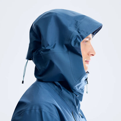 Blue GTX hooded jacket, side profile with drawcord hood