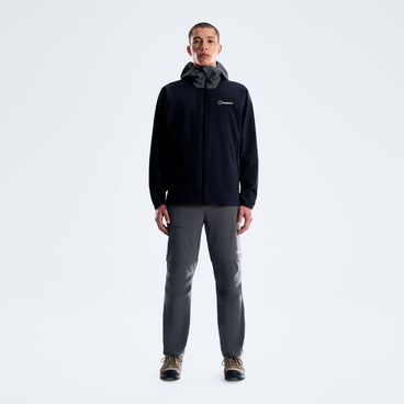 Black hooded jacket with full front zipper, shown on a standing model