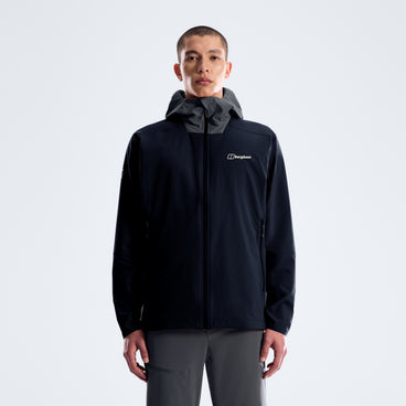 Black hooded jacket with stand collar and front zipper, shown on model front