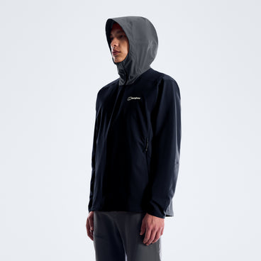 Black hooded waterproof jacket with full-length front zipper and drawstring hem