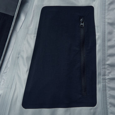 Dark jacket with vertical zipper pocket detail on the front panel