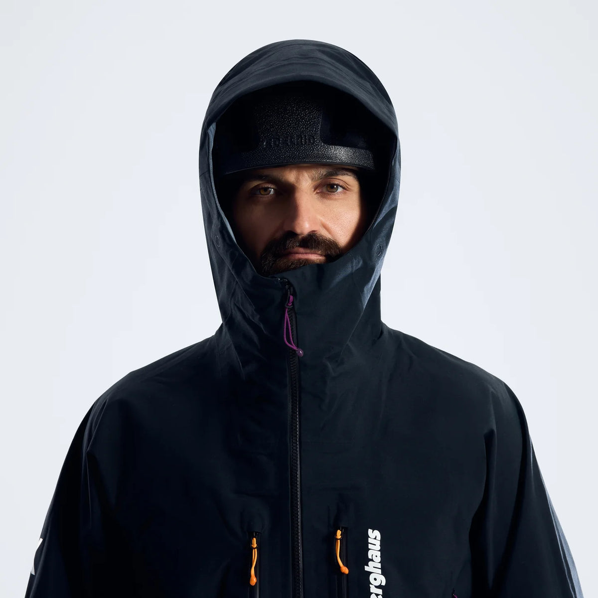 Black waterproof hooded jacket with front zip and Berghaus logo