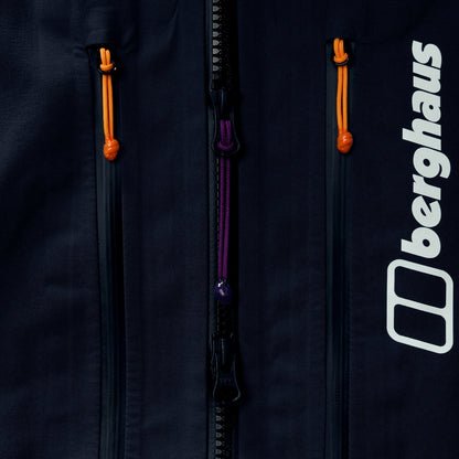 Black jacket chest close-up with full-length front zip and orange pull tabs