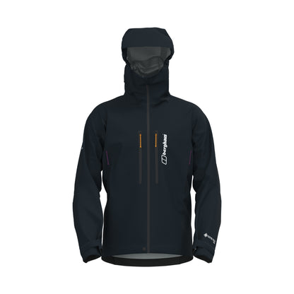 Black waterproof hooded jacket with center front zip and sleeve logo print