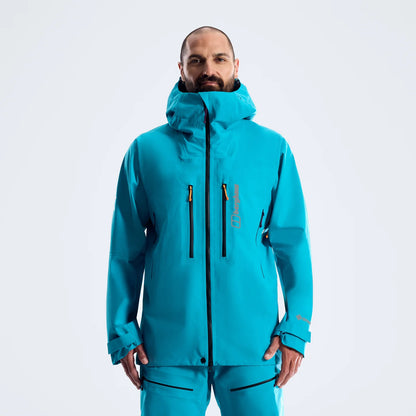 Men's blue waterproof jacket with hood, center zip, and chest pocket zippers