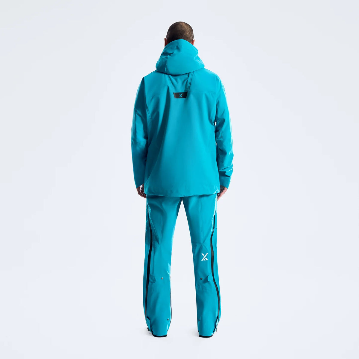 Men's blue waterproof jacket, hooded back view with rear logo and center zip