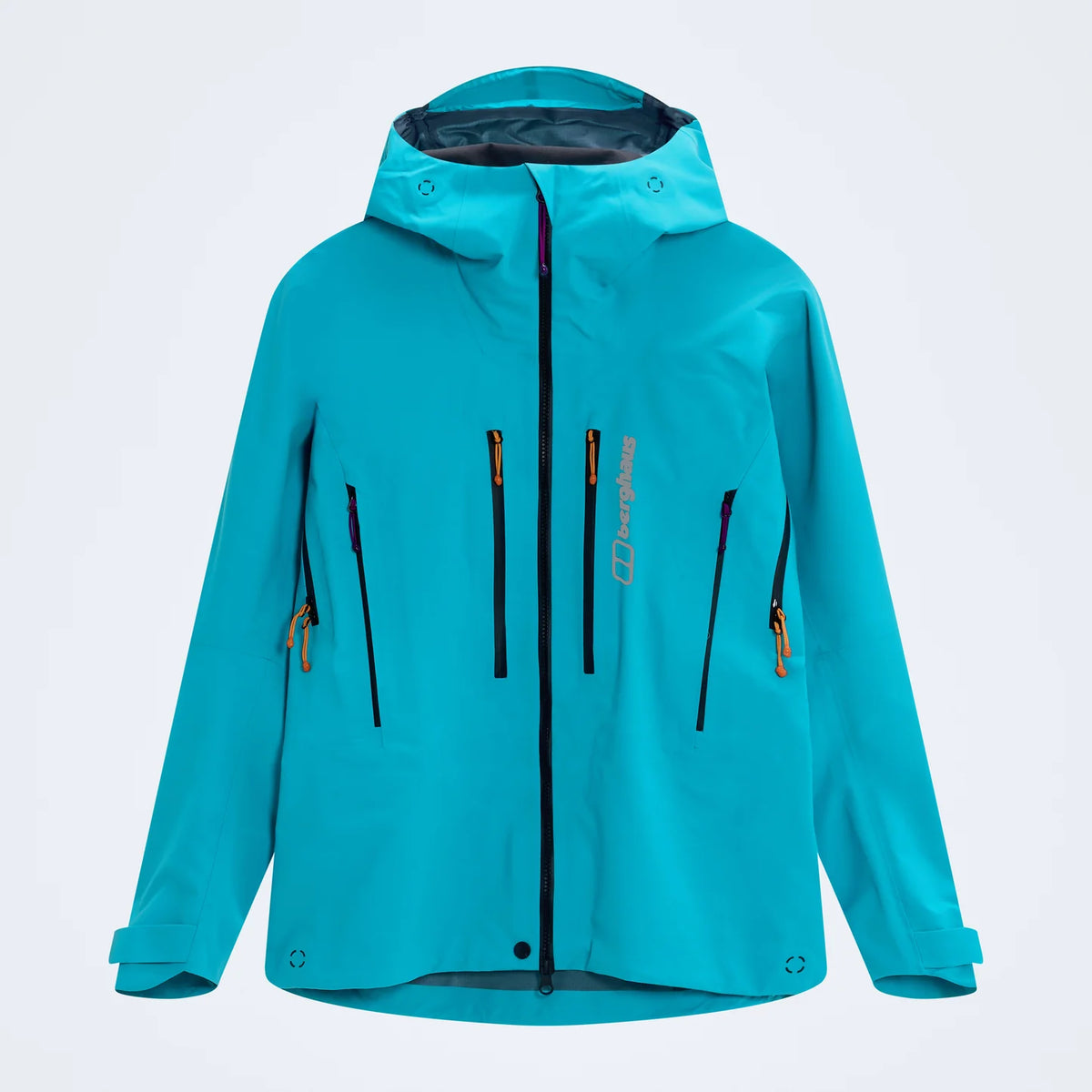 Blue hooded waterproof jacket with center zip and multiple chest pocket zippers