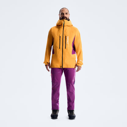 Orange hooded waterproof jacket with black center zip and purple side accents