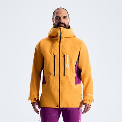 Orange hooded waterproof jacket front view with black zipper and purple side panels