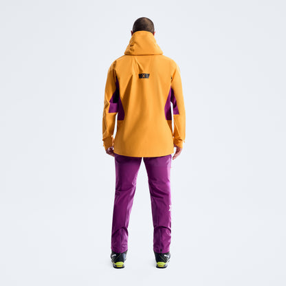 Orange hooded waterproof jacket back view with black details and purple panels