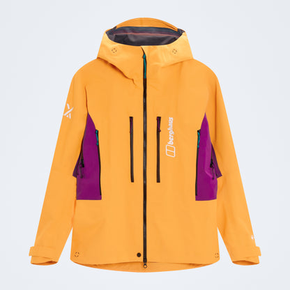 Orange hooded waterproof jacket with black center zipper and purple pocket panels