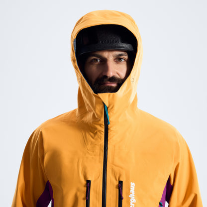 Orange hooded waterproof jacket with black zipper and face-covering hood
