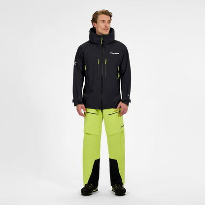 Men's black hooded shell jacket with full zipper and neon green cord accents