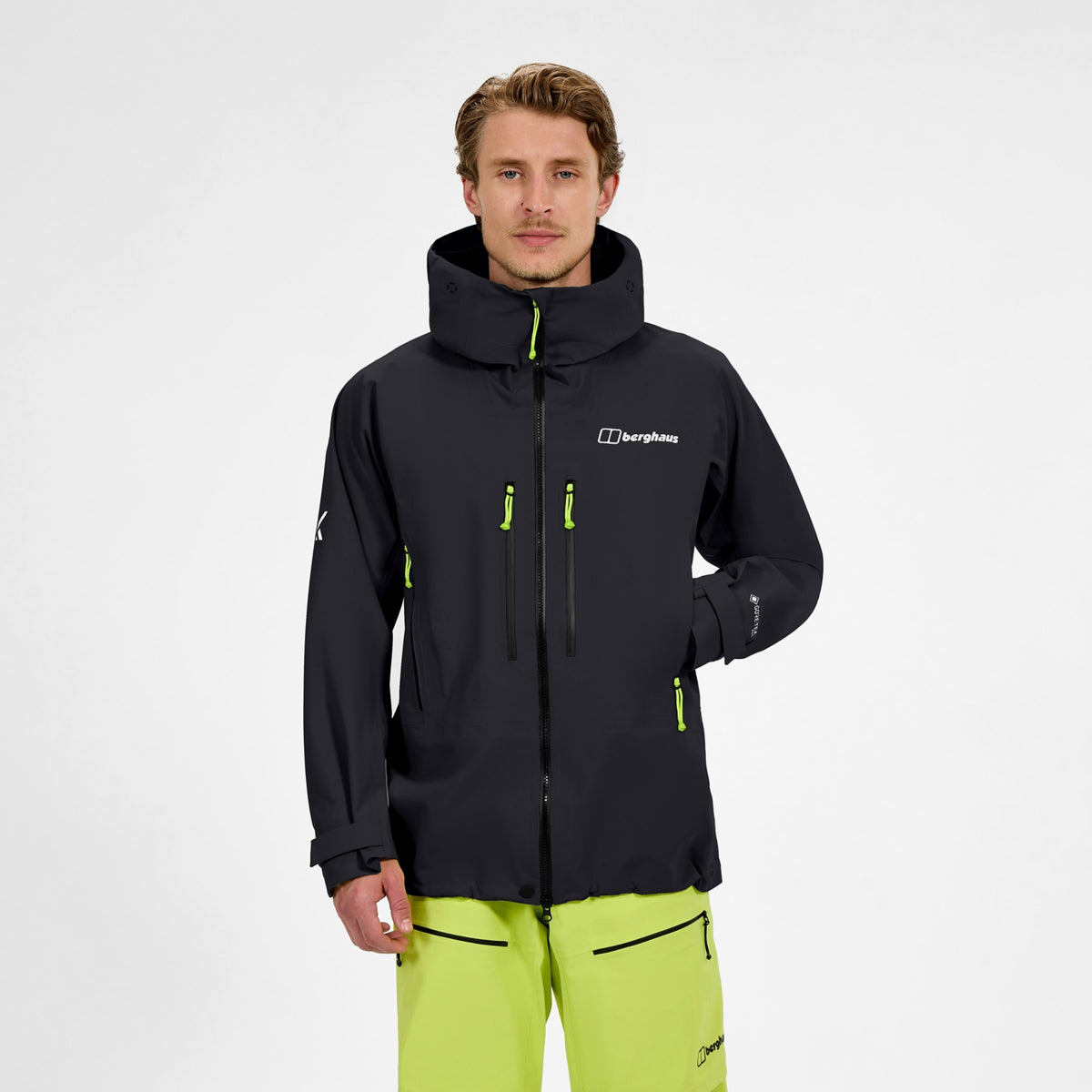 Black hooded full-zip jacket with neon green drawcords and chest logo