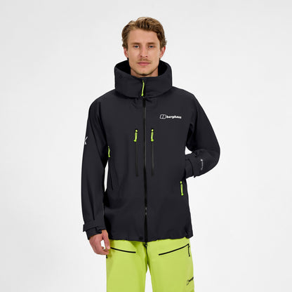 Black hooded full-zip jacket with neon green drawcords and chest logo