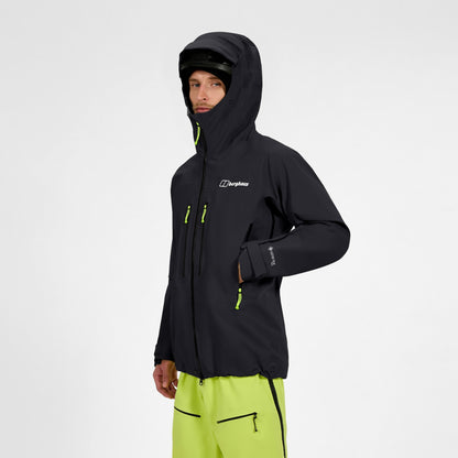 Men's black hooded jacket with full zipper and neon green drawcord accents