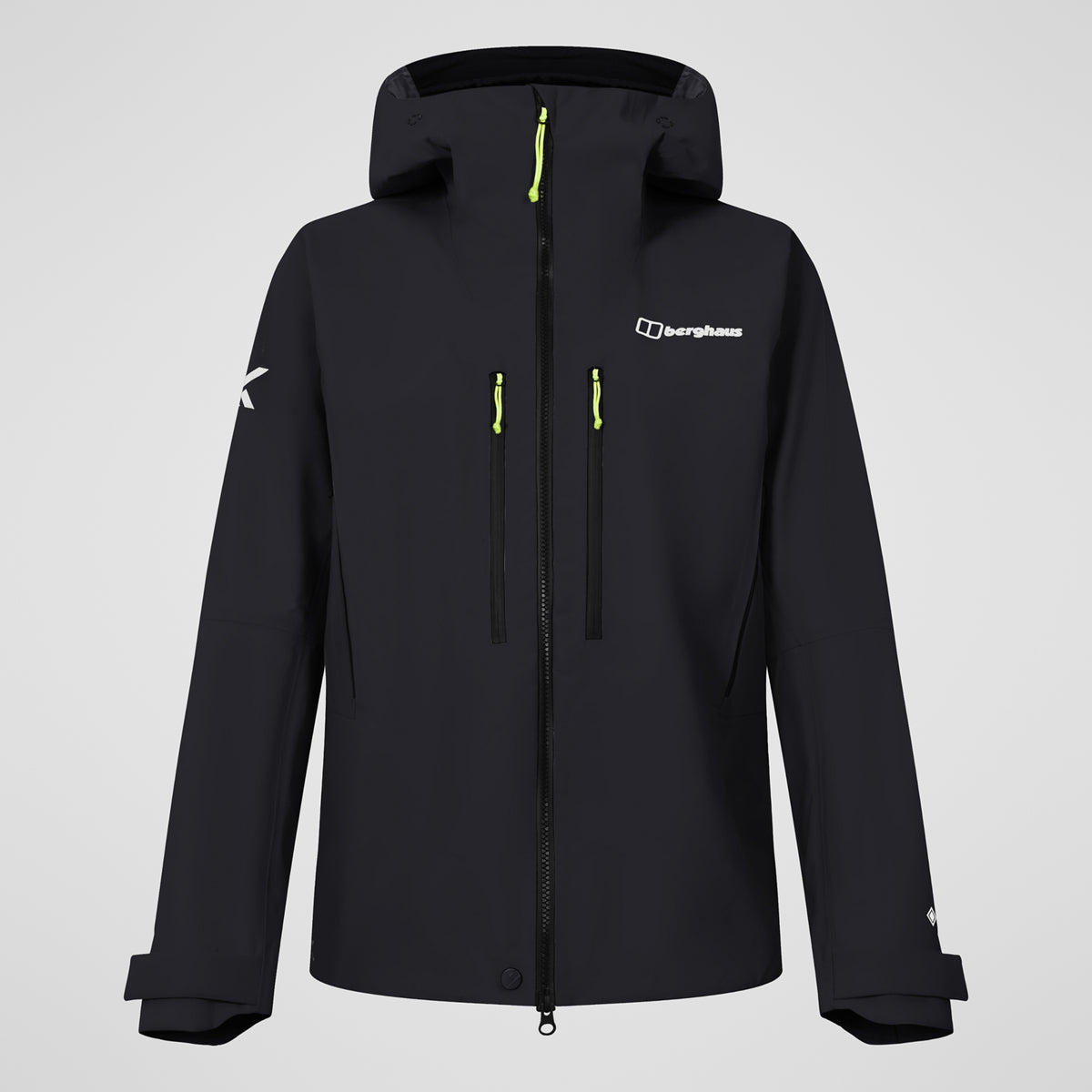 Black hooded full-zip jacket with neon green cord details and front ventilation zips