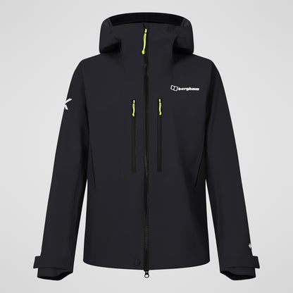 Black hooded full-zip jacket with neon green cord details and front ventilation zips