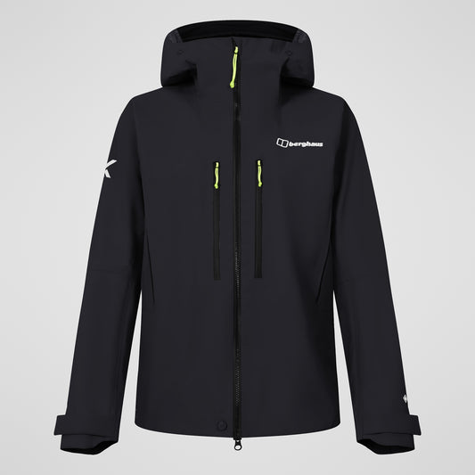 Black hooded full-zip jacket with neon green cord details and front ventilation zips