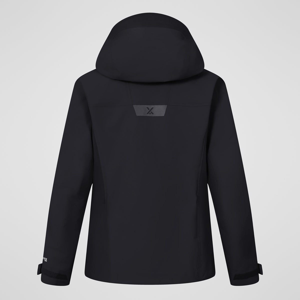 Black hooded jacket with back logo patch and side panel seams