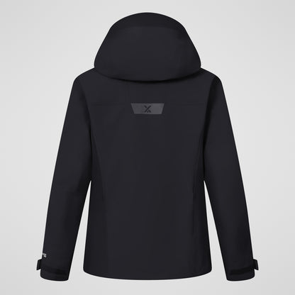 Black hooded jacket with back logo patch and side panel seams