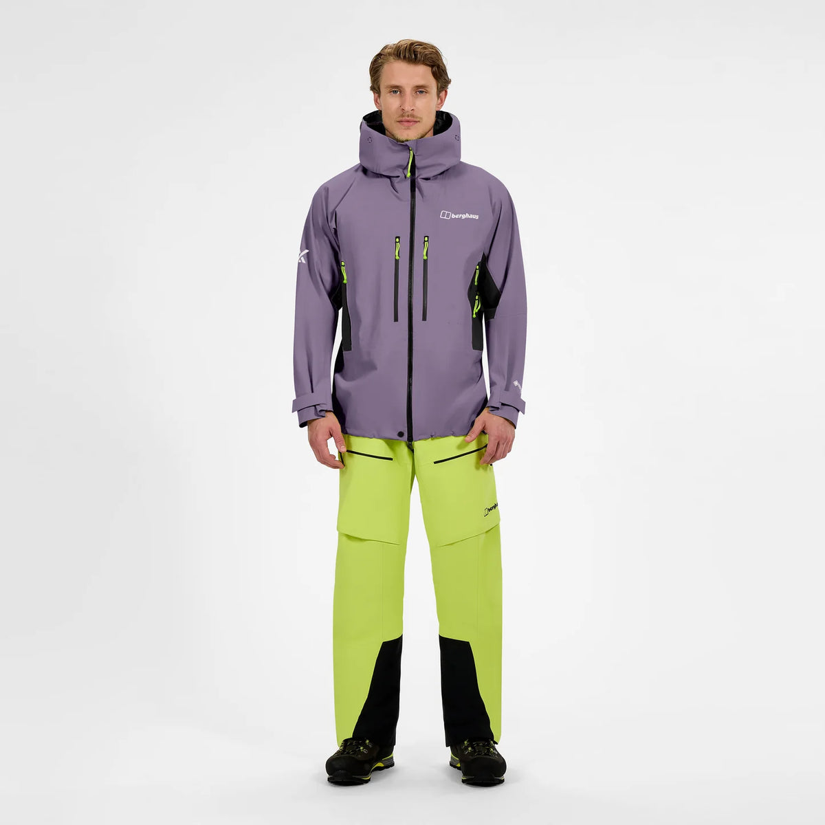 Men's purple waterproof hooded jacket with full-length zip and neon trim accents