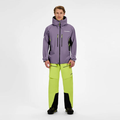 Men's purple waterproof hooded jacket with full-length zip and neon trim accents