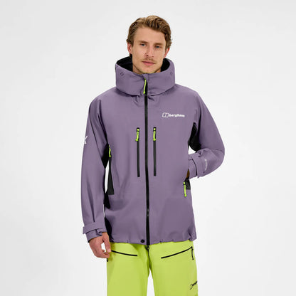 Men's purple waterproof jacket with adjustable hood and central zip; neon pocket zips