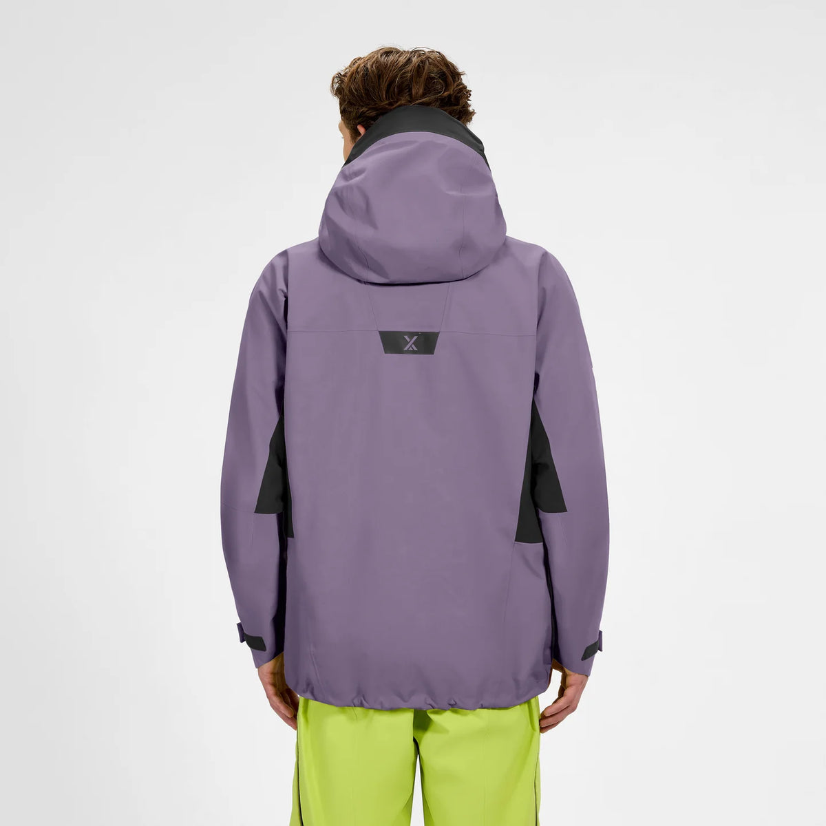 Men's purple waterproof jacket with adjustable hood and rear view panel details