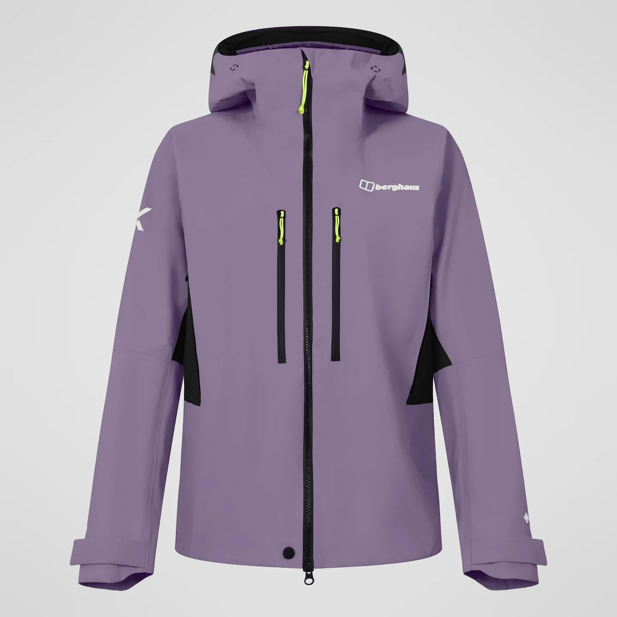 Men's purple waterproof hooded jacket with neon-zip chest vents and front full zip