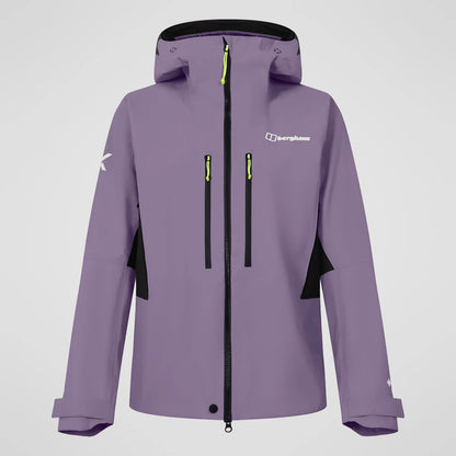 Men's purple waterproof hooded jacket with neon-zip chest vents and front full zip