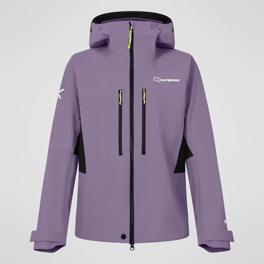 Men's purple waterproof hooded jacket with neon-zip chest vents and front full zip
