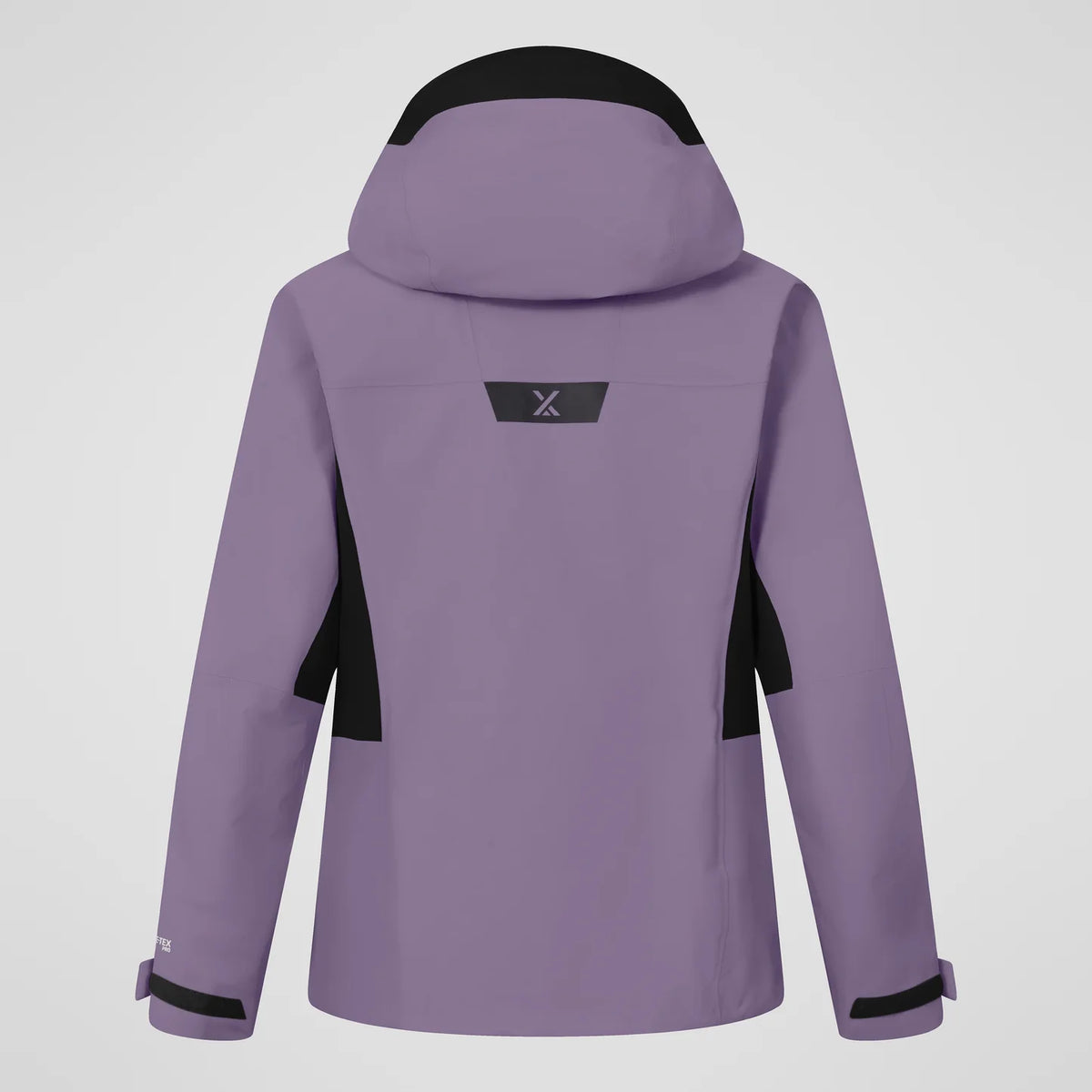Men's purple waterproof jacket with hood and rear vent panel; black sleeve accents