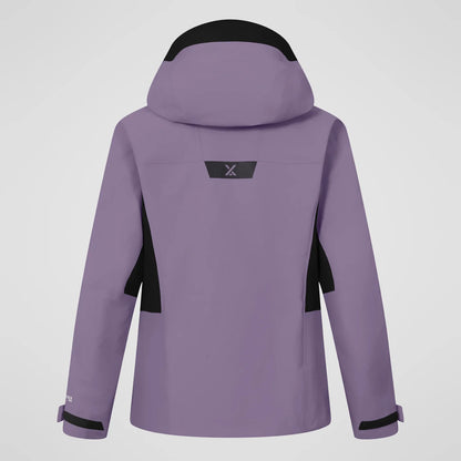 Men's purple waterproof jacket with hood and rear vent panel; black sleeve accents