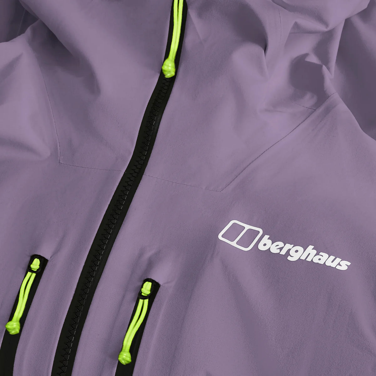 Close-up of purple waterproof jacket with central zip and Berghaus logo; neon pull tabs