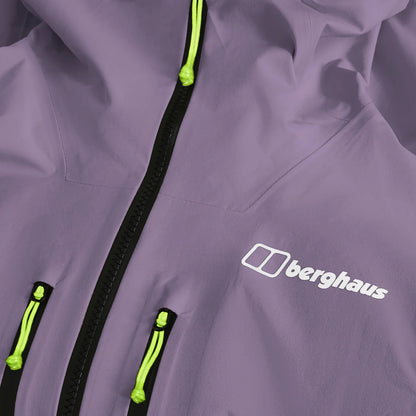 Close-up of purple waterproof jacket with central zip and Berghaus logo; neon pull tabs